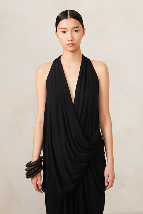 Jersey V Neck Draped Top Black XS S M L